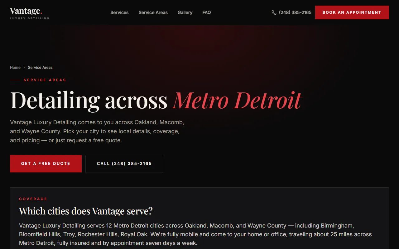 Vantage Luxury Detailing — Service areas page
