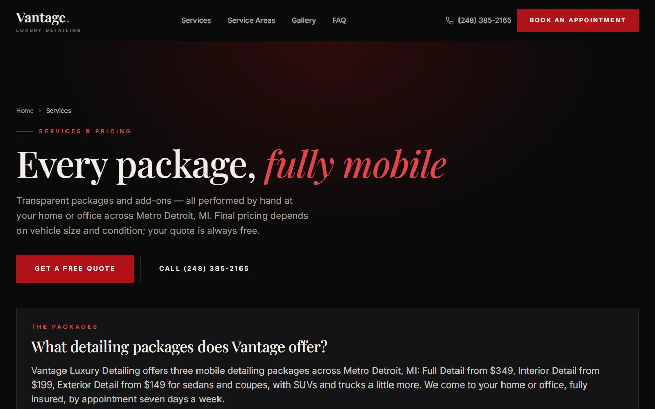 Vantage Luxury Detailing — Services & pricing page