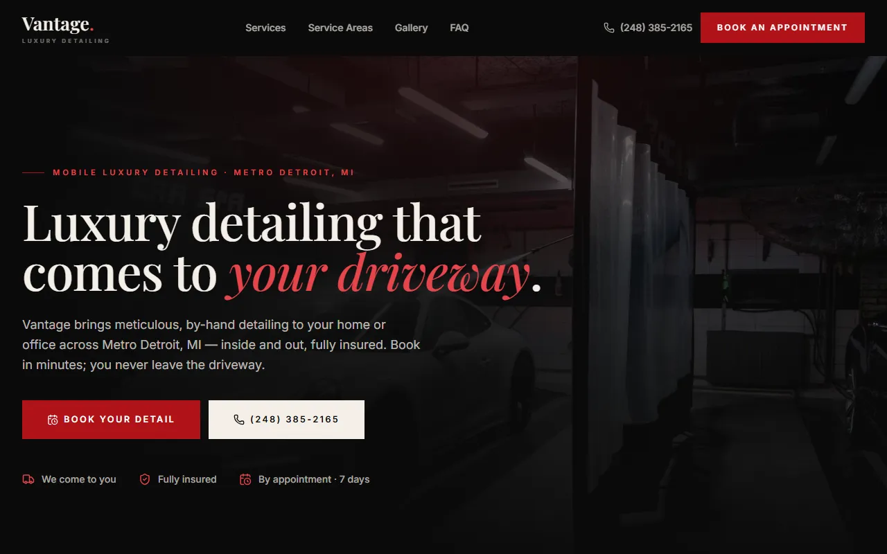 Vantage Luxury Detailing — a client site we built and run in Metro Detroit